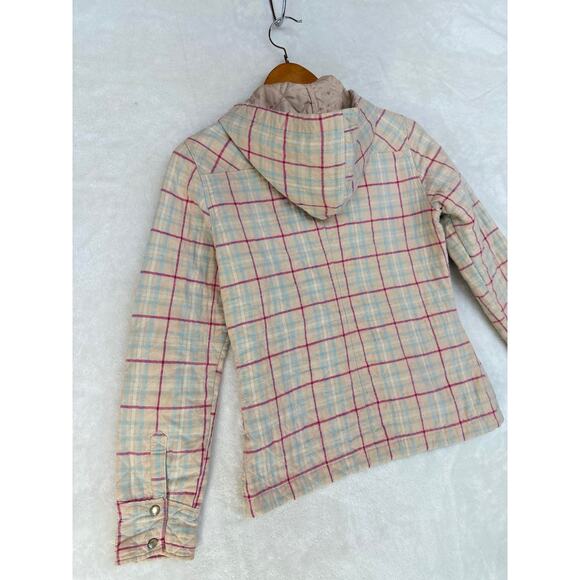 Quilted Plaid Shacket Jacket Womens Medium Pearl Snaps Western Hooded Peach‎ - Picture 11 of 14